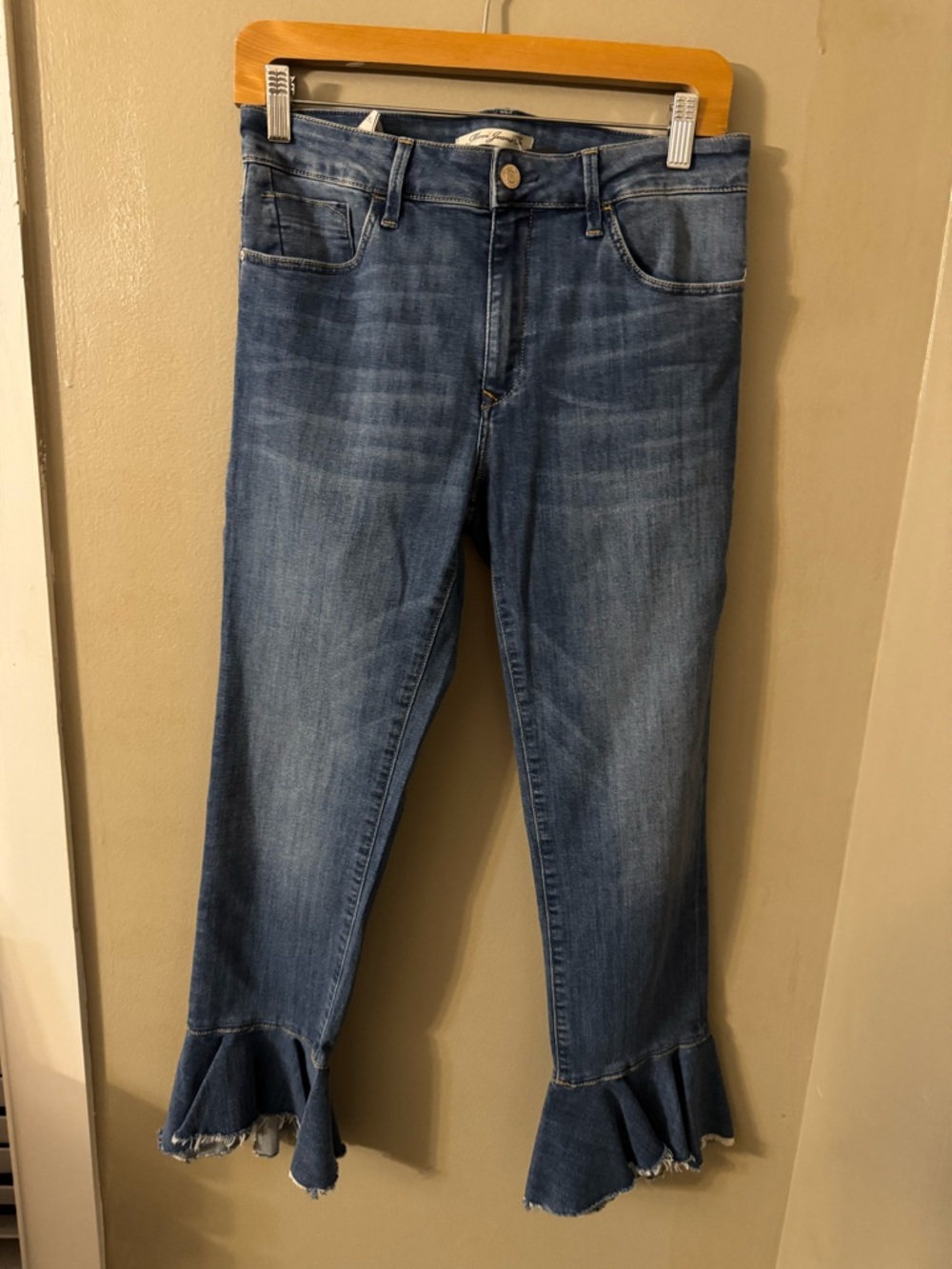 Mavi Cropped Flare Jeans Ruffle Hem Raw Edge Stretch Denim Size 28